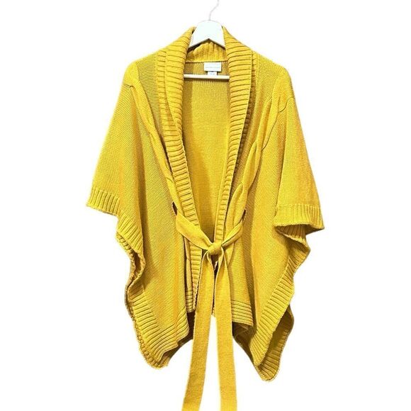 New York & Company Solid Yellow Oversized Open Front Poncho With Front Tie - Picture 3 of 7